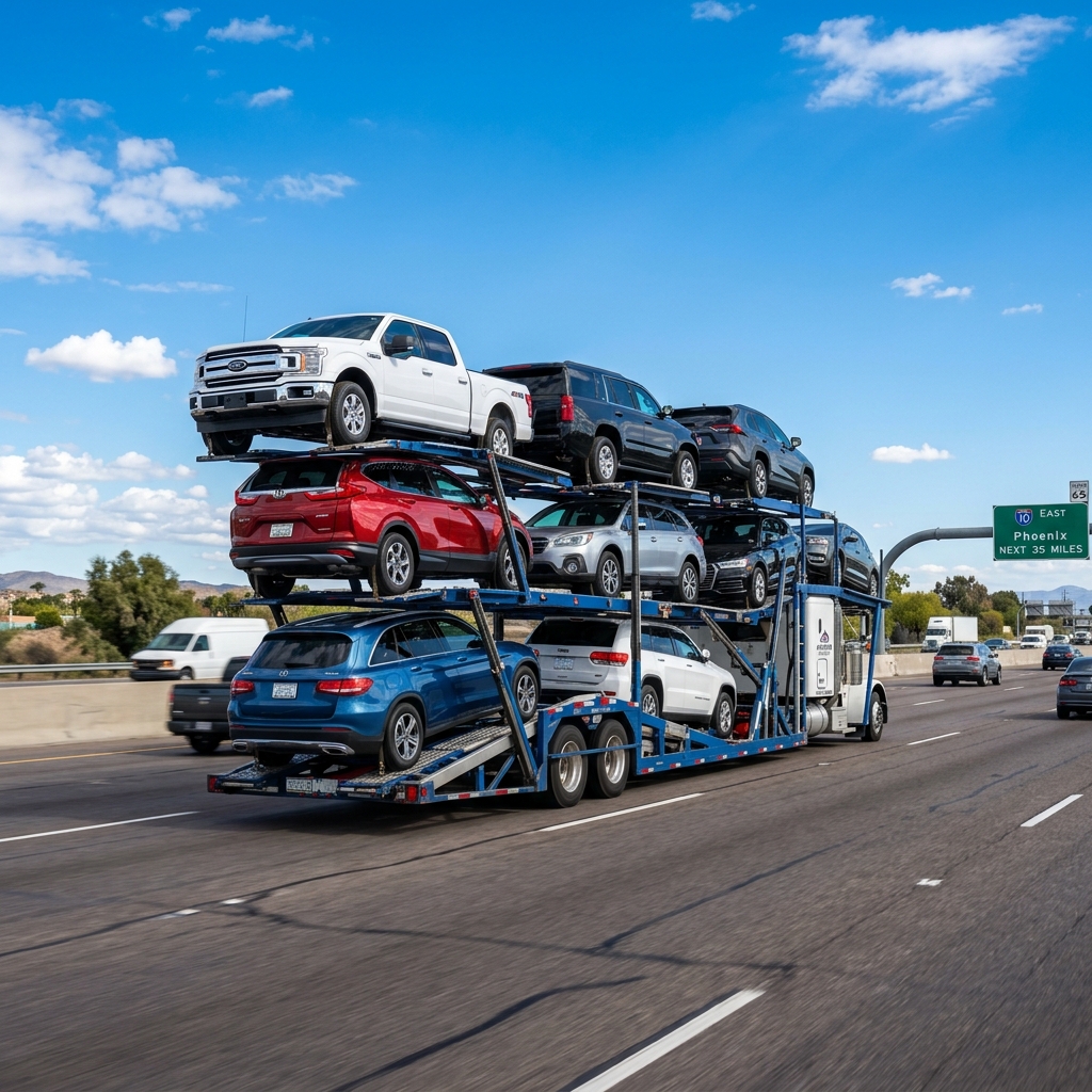 Open auto carrier truck loaded with vehicles